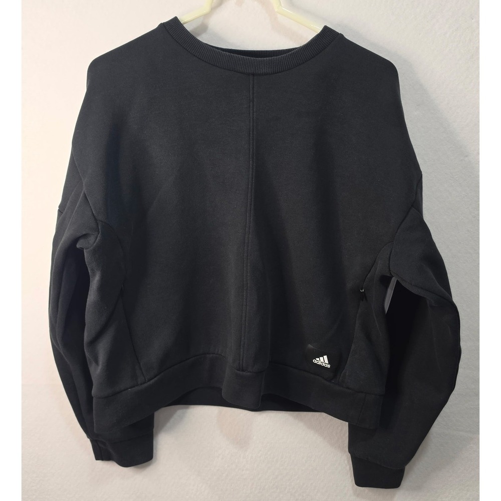 Adidas Womens Black 3-Stripe Cropped Crewneck Sweatshirt Side Zip Pockets Large